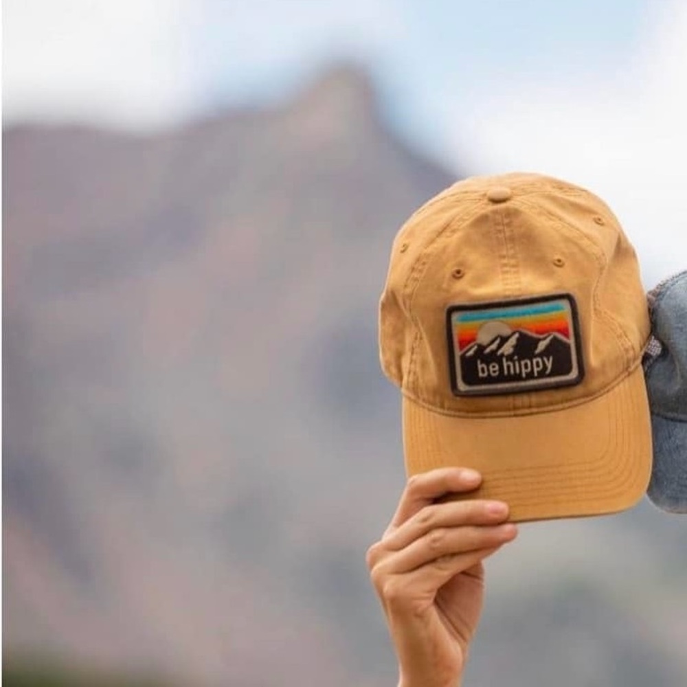 Be Hippy tan hat with multi colored mountain patch/logo!